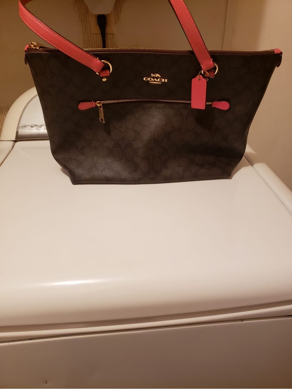 Coach Brown Signature Tote with Coral Pink Trim